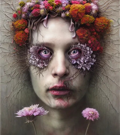 Image similar to portrait, stranger psycho, covered in flowers, horror, by michael page, alyssa monks, julie heffernan, glenn brown, naoto hattori, brian froud, nicola samori, paolo roversi, kilart, 8 k, hyper detailed, hyper realism, acrylic paint, surrealism.