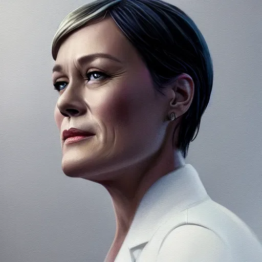 Image similar to painting of claire underwood in house of cards tv show, in the style of fenghua zhong and ruan jia and jeremy lipking and peter mohrbacher, mystical colors, rim light, beautiful lighting, 8 k, stunning scene, raytracing, octane, trending on artstation