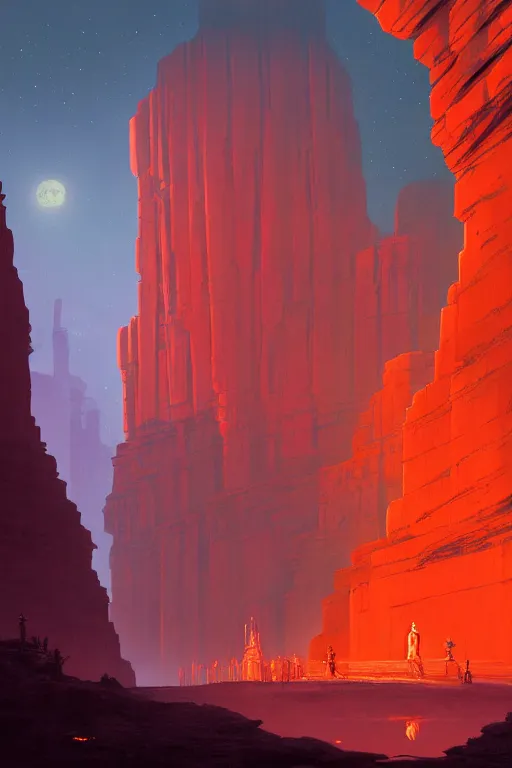 Prompt: ancient temples glowing red in canyon, monks, ruins, light streaks in the sky, floating planets and moons, dramatic lighting, artstation, matte painting, ralph mcquarrie, simon stalenhag