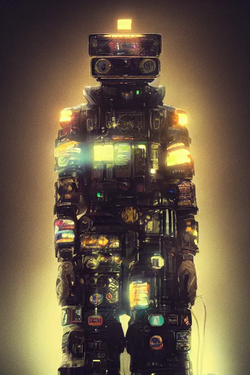 Image similar to Cyberpunk Marshmallow Man, dark atmosphere, cinematic shot, intricate, ornate, photorealistic, ultra detailed, realistic, 100mm, photography, neon, octane, high definition, depth of field, bokeh, 8k, artstation