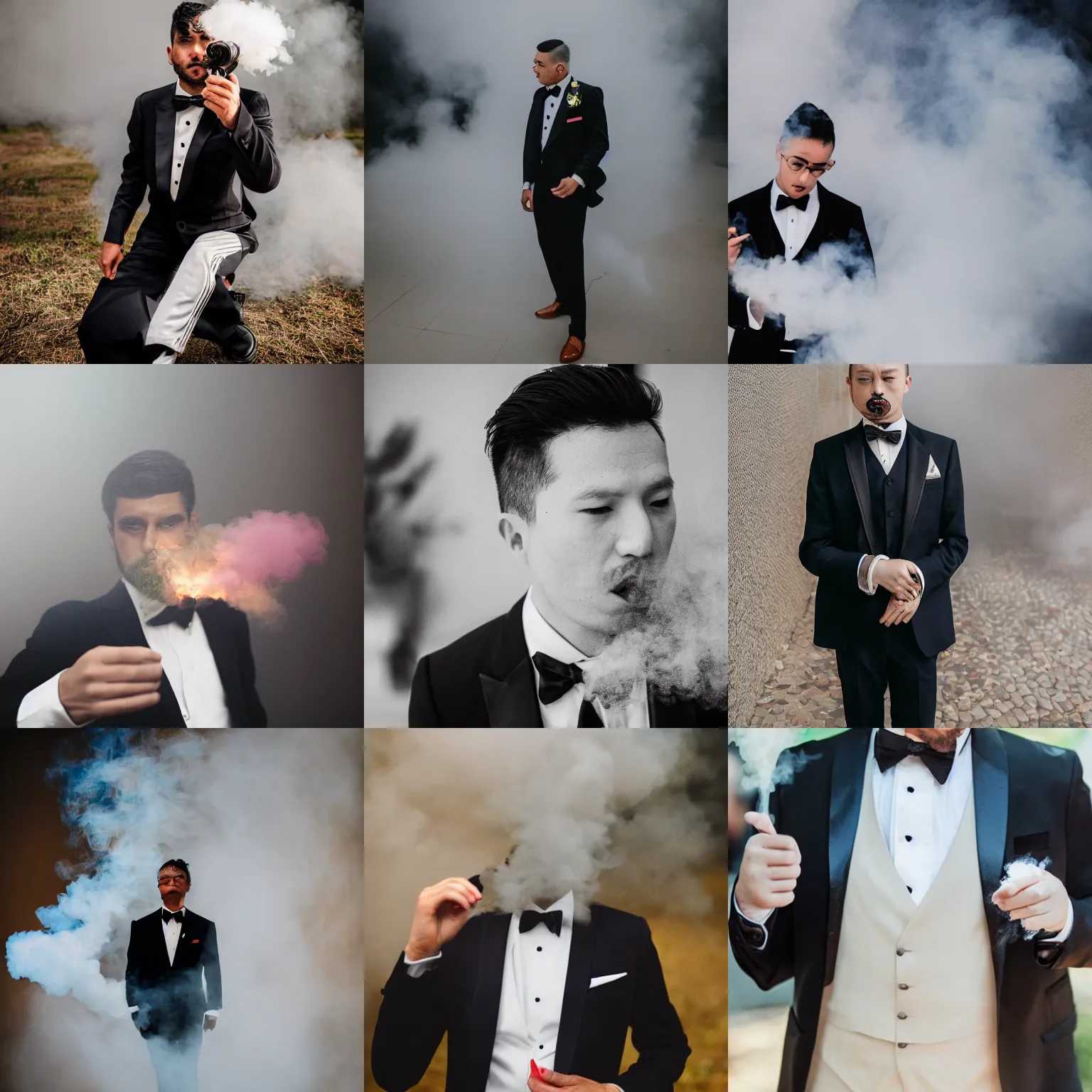 Prompt: Man wearing tuxedo inside smoke, Canon EOS R3, f/1.4, ISO 200, 1/160s, 8K, RAW, unedited