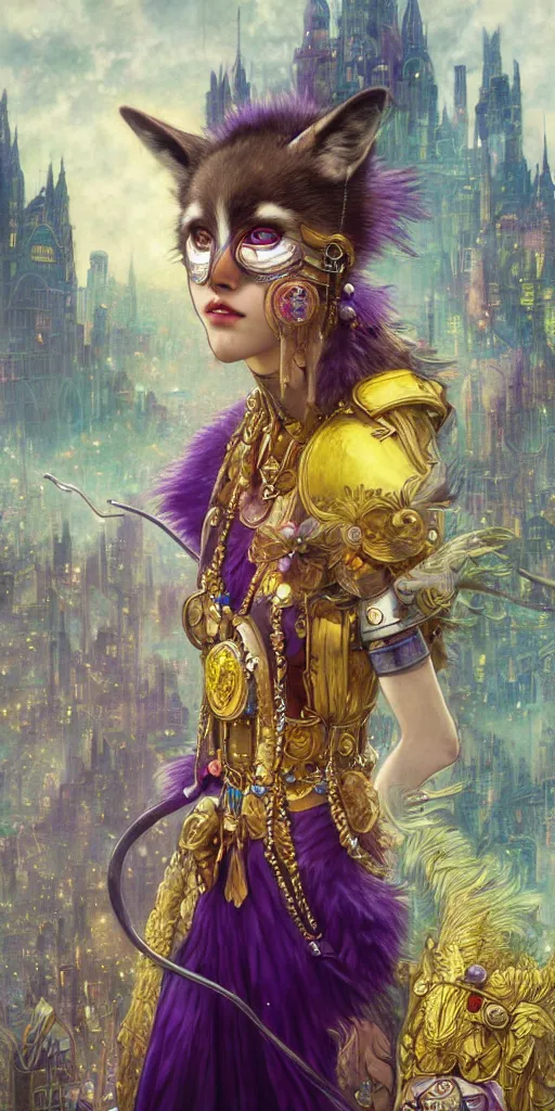 Image similar to hyper realistic Princess Mononoke in her mask, busy metropolis, city landscape, wolves, magic, castle, jewels, style of tom bagshaw, mucha, james gurney, norman rockwell, gems and gold, waterfalls, denoised, sharp, yellow purple colours,