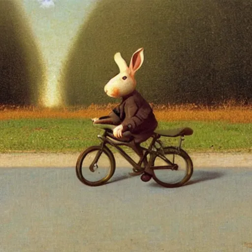 Prompt: rabbit riding a bike on the road, there is a car in front, by michael sowa.