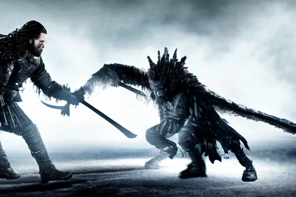 Image similar to very very intricate photorealistic photo of jon snow fighting the night king, photo is in focus with detailed atmospheric lighting, award - winning details