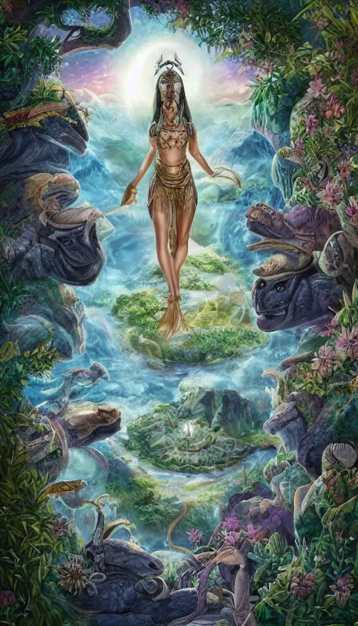 Image similar to A fantasy book style portrait painting of the Great Turtle Island at the center of the Universe, accompanied by a hybrid of, Anya_Taylor-Joy, Cory Chase, as a Mystical Valkyrie, Anubis-Reptilian, Atlantean Warrior, Cozy, hotspring hidden in a Cave, candlelight, towels, cushions, natural light, lush plants and flowers, elegant, smooth cave rock, fantasy, atmospheric lighting, digital painting, François Boucher, Oil Painting, Crisp clear resolution, unreal 5, DAZ, hyperrealistic, octane render, Regal, Refined, Detailed Digital Art, RPG portrait, William-Adolphe Bouguereau, Michael Cheval, Walt Disney (1937), Steampunk, Volumetric Golden dappled dynamic lighting, Highly Detailed, Cinematic Lighting, Unreal Engine, 8k, HD