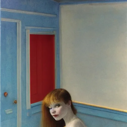 Image similar to close - up of an ivory young gir in a blue and red haunted liminal abandoned room, film still by edward hopper, by gottfried helnwein, by klimt, art noveau, highly detailed, strong lights, liminal, eerie, bright pastel colors,