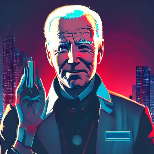 Prompt: cyberpunk joe biden as the leader of a futuristic communist nation, cybernetics, sharp lines, digital, artstation, colored in