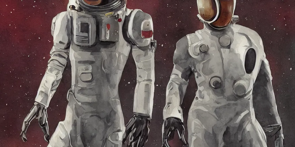 Image similar to male, full body, wide shot, modern space suit, intriguing helmet, stylized character design, the expanse tv series, large shoulders, short torso, long thin legs, tiny feet, science fiction, hyperdetailed, technical suit, dieselpunk, watercolor digital painting, in the style of bruce timm, by alex maleev