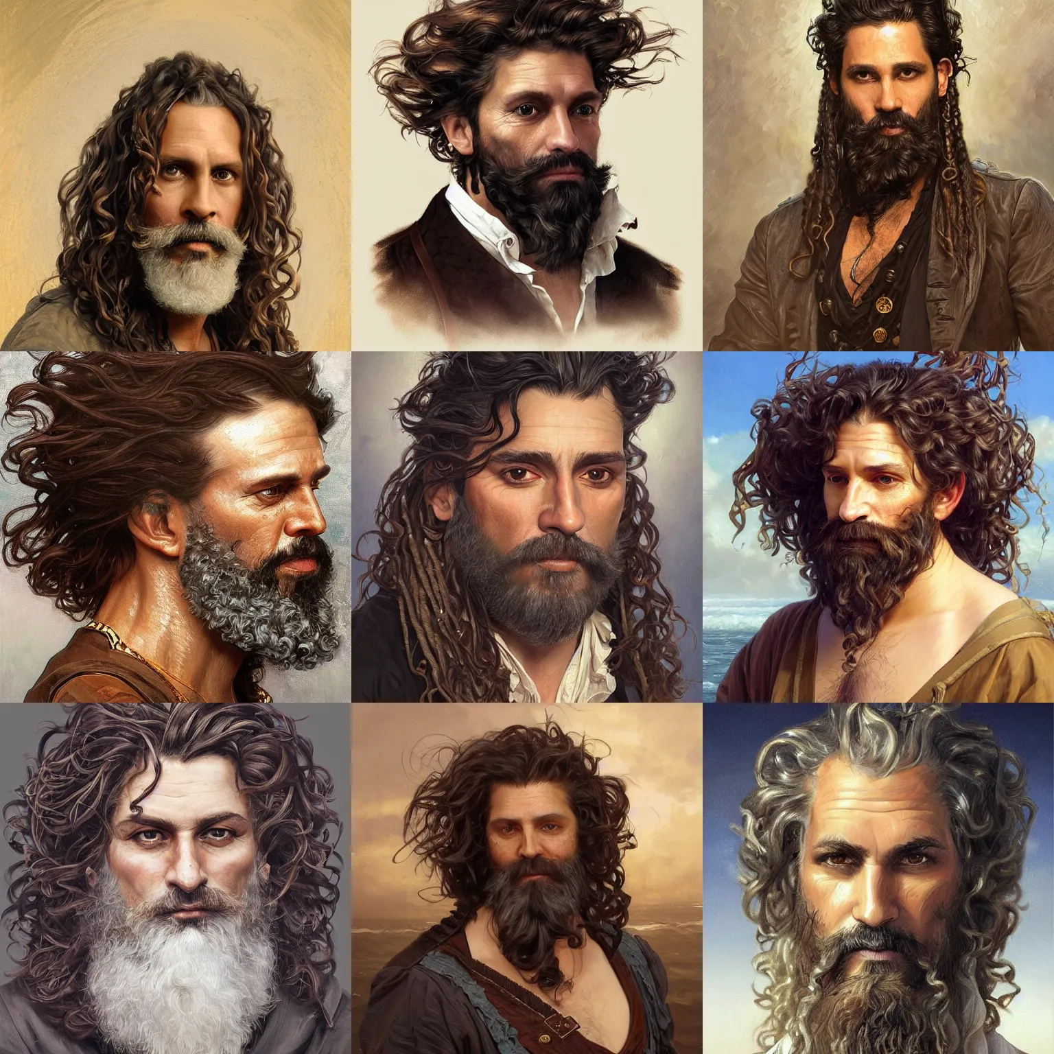 Prompt: oil painting Portrait of a beautiful middle aged male pirate with long curly dark salt and pepper hair and long curly beard, detailed, symmetrical, intricate, elegant, highly detailed, digital painting, artstation, concept art, smooth, sharp focus, illustration, art by artgerm and greg rutkowski and alphonse mucha, daily deviation, IAMAG, masterpiece portrait