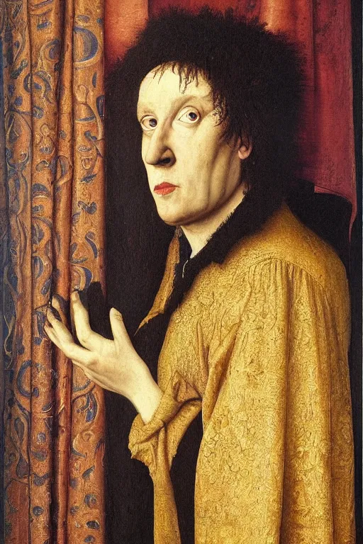 Image similar to portrait of robert smith, oil painting by jan van eyck, northern renaissance art, oil on canvas, wet - on - wet technique, realistic, expressive emotions, intricate textures, illusionistic detail