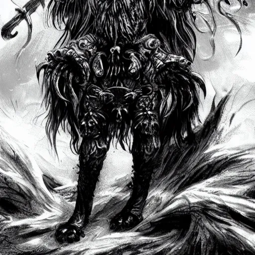 Prompt: ancient magus, fae, berserking ram skulled creature with black fur, elegant, tendrils, forest, heavy fog, fantasy, ultra realistic