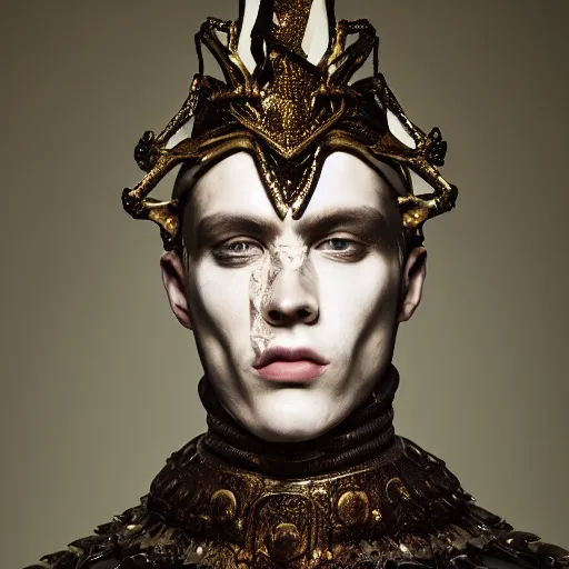 Image similar to a portrait of a beautiful young male wearing an alexander mcqueen armor made of candle wax , photographed by andrew thomas huang, artistic