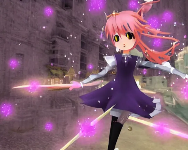 Image similar to a sparkling image of a ps2 magical anime witch from madoka magicka. the witch is psychic. she is flying on a broom through new york. people are running for their lives. terrorist attack.