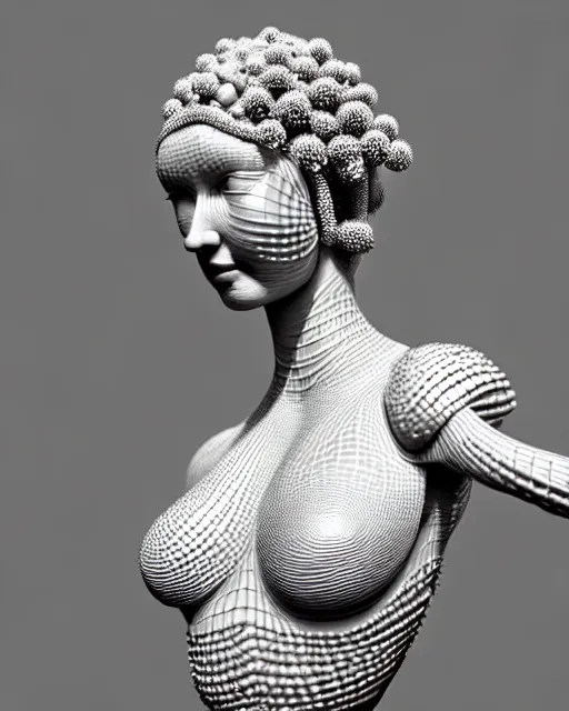 Image similar to bw 3 d render of a beautiful young female queen - cyborg - vegetal, intricate fractal ornament in the bust with a very long neck, elegant, highly detailed intricate rococo ornament in her silver long hair, realistic, refined, highly detailed, cinematic outdoor lighting, by flora borsi in the style of dora maar, volumetric lighting, hyper realistic photography
