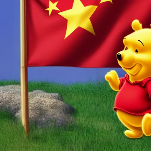 Image similar to photorealistic 3 d render of winnie the pooh saluting the chinese flag