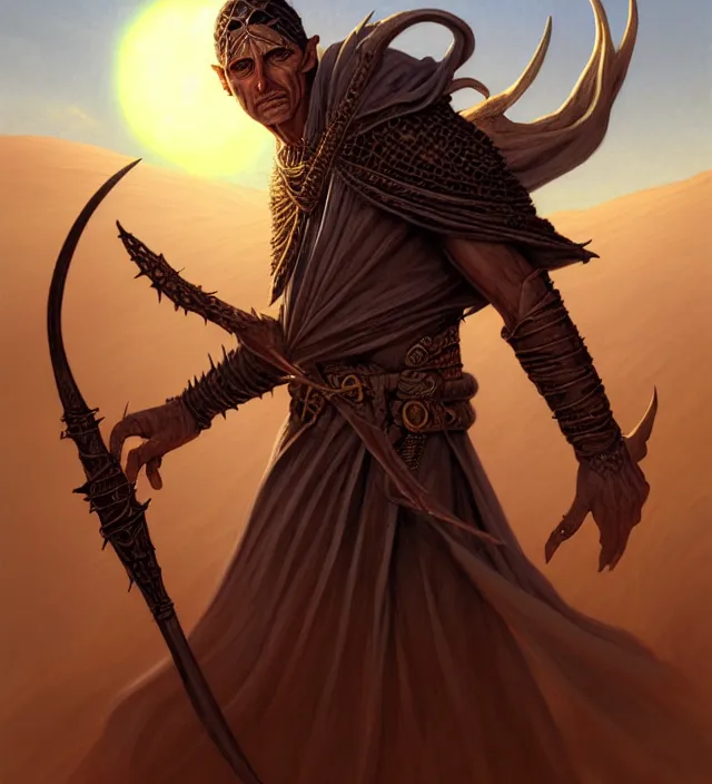 Prompt: a defiler wizard upon the dunes, the art of athas,'dark sun'- campaign setting, brom's dark sun art on a 7 0's style fantasy novel cover, digital painting by brom, amazingly detailed d & d art, concept art, intricate details, beautiful, volumetric lighting, ultrarealistic, cgsociety, artstation