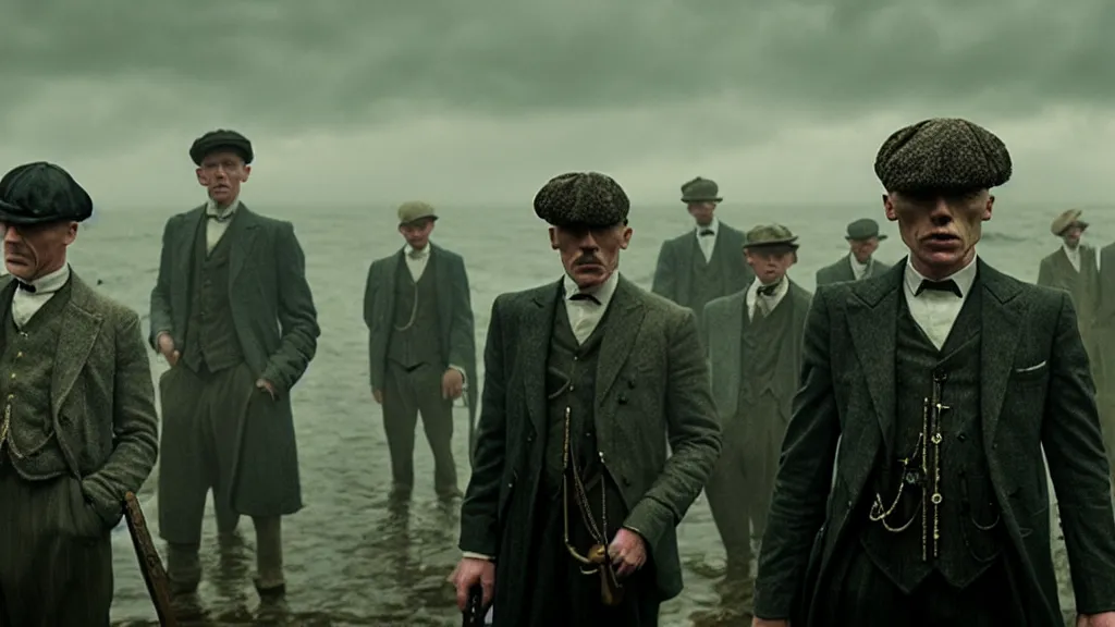 Image similar to the peaky blinders with fish heads coming out of the ocean film still from the movie directed by denis villeneuve with art direction by zdzis