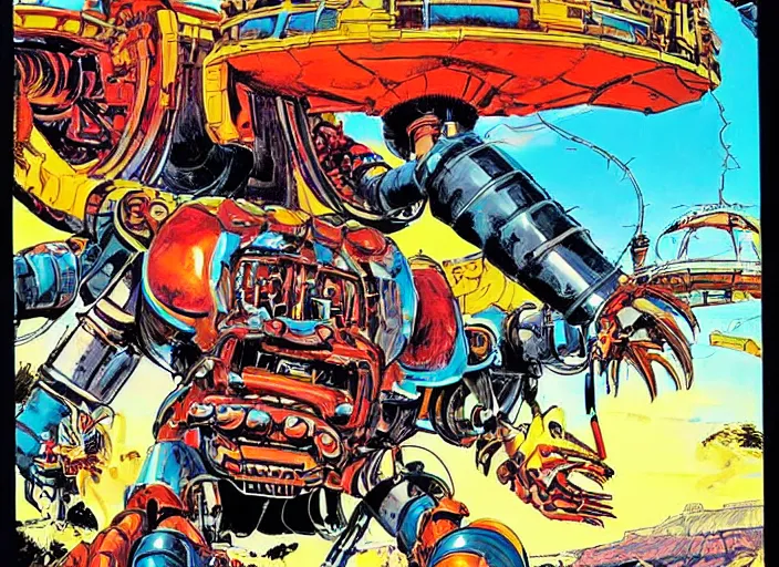 Image similar to comic book cover of a giant mechanical crab at the grand canyon by jack kirby!!! and simon bisley, epic, awesome bright color palette, hard contrast, black ink outlines