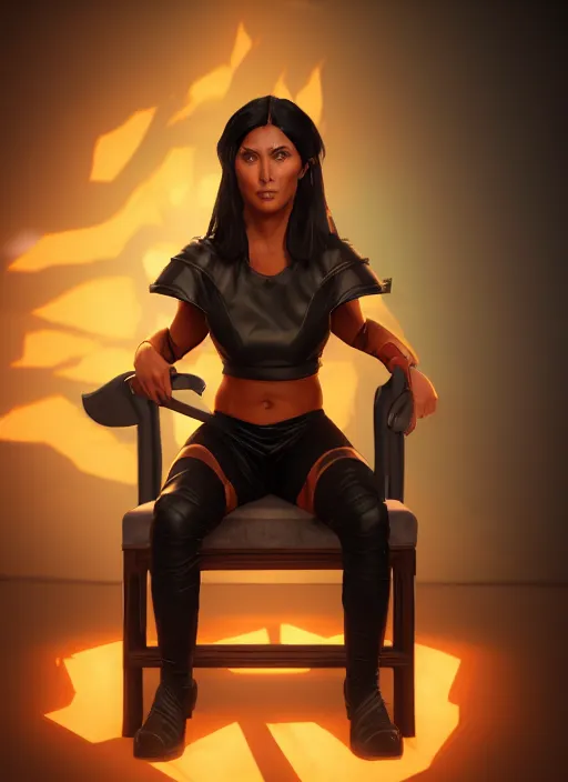 Image similar to An epic fantasy comic book style portrait painting of a tan woman with black hair in a pony tail and serious eyes sitting on a large chair, unreal 5, DAZ, hyperrealistic, octane render, cosplay, RPG portrait, dynamic lighting