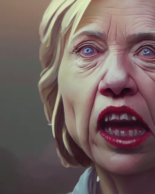 Image similar to highly detailed vfx portrait of a beaten up hillary clinton, stephen bliss, unreal engine, greg rutkowski, loish, rhads, beeple, makoto shinkai and lois van baarle, ilya kuvshinov, rossdraws, tom bagshaw, alphonse mucha, global illumination, detailed and intricate environment