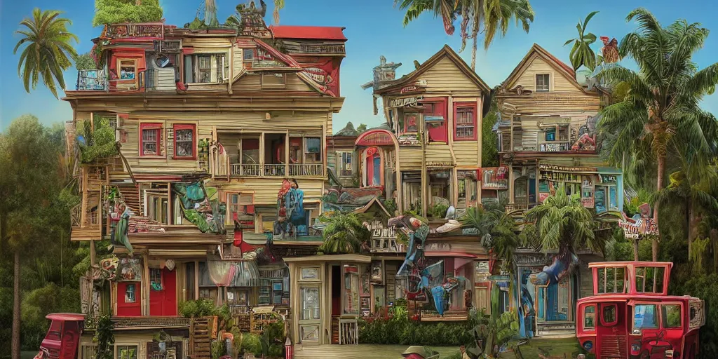 Prompt: 🏡🏘🌴🚌 lowbrow, matte painting, 3 - d highly detailed, sharp, in the style of mark ryden,