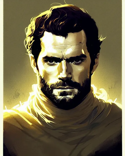 Image similar to hyper - realistic portrait of henry cavill as noble lord by atey ghailan, by greg rutkowski, by greg tocchini, by james gilleard, by joe fenton, by kaethe butcher, dynamic lighting, gradient light yellow, brown, blonde cream and white color scheme, grunge aesthetic