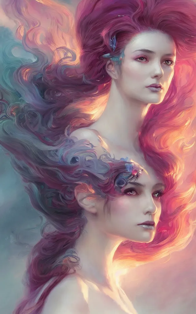 Image similar to a colorful and provenance illustrations painting of the fantasy female who with floral wing, highly detailed, her hair made of hair made of air wind and curling smoke, mist, dust, genie, spirit fantasy concept art, art by charlie bowater and greg rutkowski, trending on artstation.