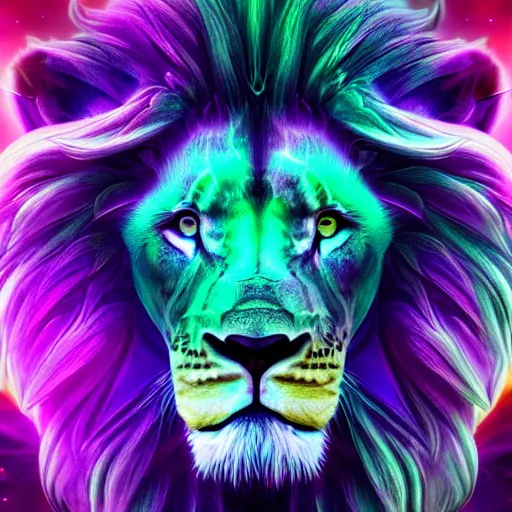 Prompt: astral transparant friendly lion, spirit animal, photorealistic, unreal engine 5, movement, dreams, DMT, dreamy, vapor wave, 80’s