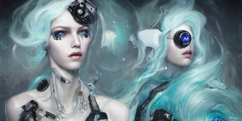 Image similar to a photorealistic seapunk portrait of a gorgeous cyborg with shadowy eyes and bonewhite hair, with black glossy lips, hyperrealistic, masterpiece, award - winning, 8 k, in the style of nekro, tom bagshaw, cedric peyravernay, peter mohrbacher