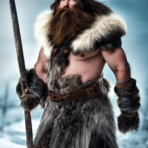 Image similar to a dnd barbarian half frost giant with pale skin and short black beard and hair wearing a fur coat, shoulder armor and holding an axe, high resolution film still, 4k, HDR color