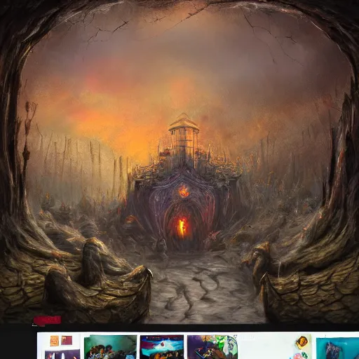 Image similar to an actual gift shop in hell, horror fantasy, digital art, trending on artstation