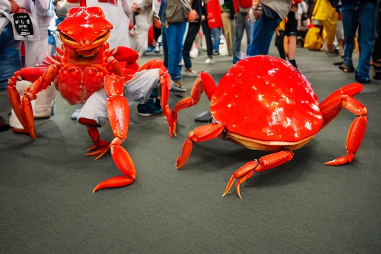 Image similar to cosplayer dressed like a crab, in 2 0 1 8, at a crab convention, royalcore, low - light photograph, photography by tyler mitchell