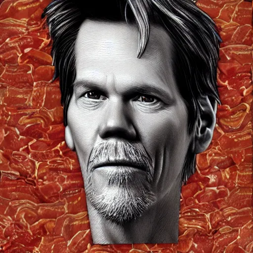 Image similar to ultra detailed kevin bacon on a slice of bacon in a hamburger rendered by octane digital painting inspired by arcimboldo