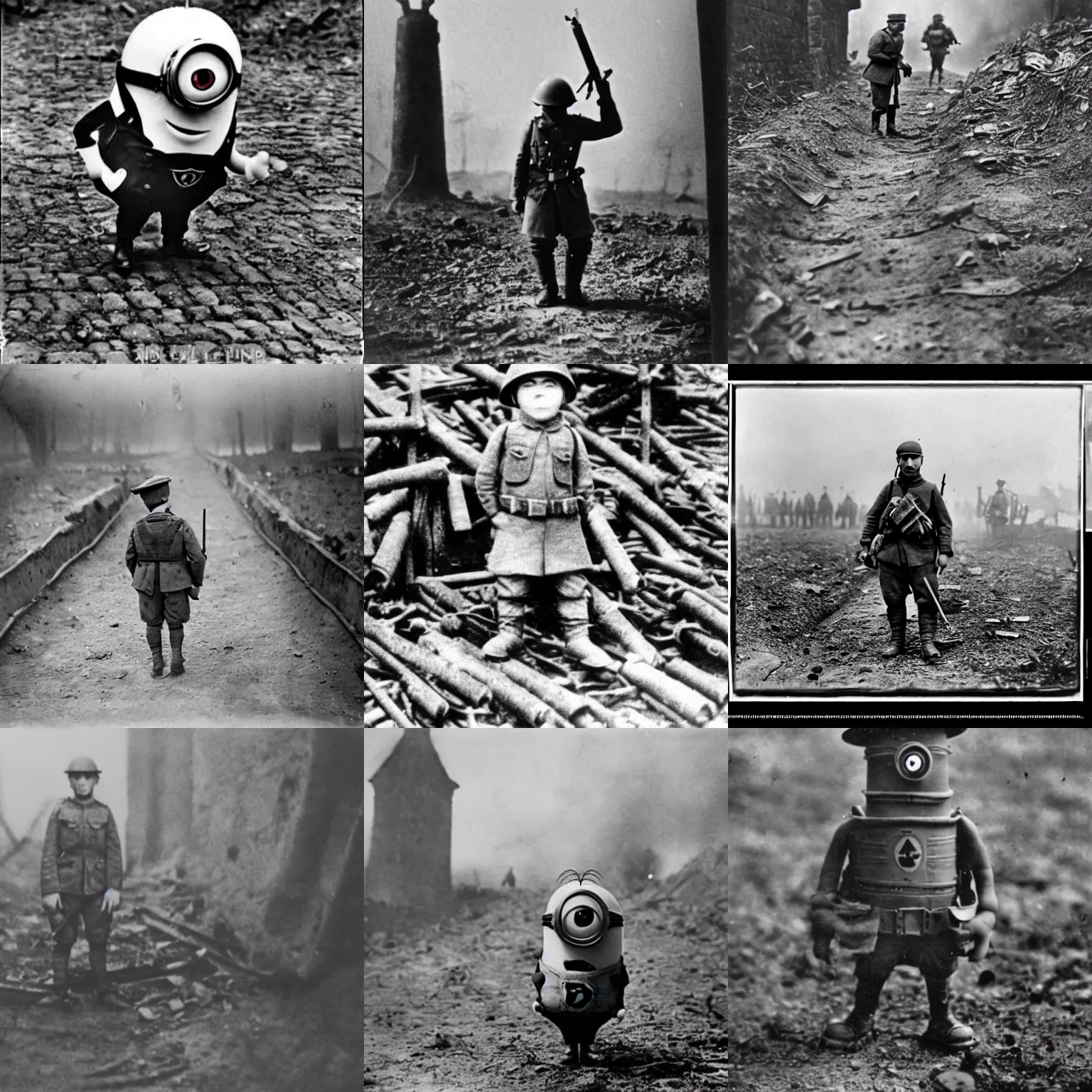 Prompt: a minion alone during world war 1, black and white photography