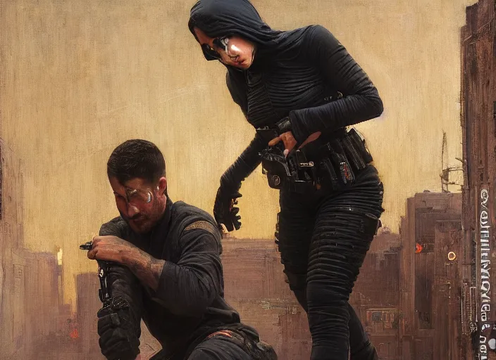 Image similar to sophia evades sgt Griggs. Cyberpunk hacker wearing jumpsuit escaping police troopers (blade runner 2049). Iranian orientalist portrait by john william waterhouse and Edwin Longsden Long and Theodore Ralli and Nasreddine Dinet, oil on canvas. Cinematic, hyper realism, realistic proportions, dramatic lighting, high detail 4k