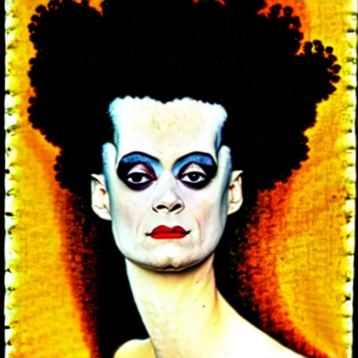 Prompt: bride of frankenstein influenced by gustav klimt.