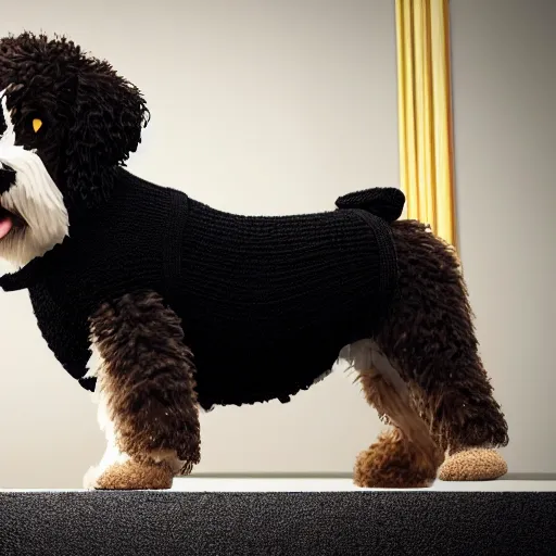 Image similar to a closeup photorealistic photograph of a smiling knitted bernedoodle judge dog dressed in a black gown, presiding over the courthouse. indoors, professional capture, well lit shot. this 4 k hd image is trending on artstation, featured on behance, well - rendered, extra crisp, features intricate detail, epic composition and the style of unreal engine.