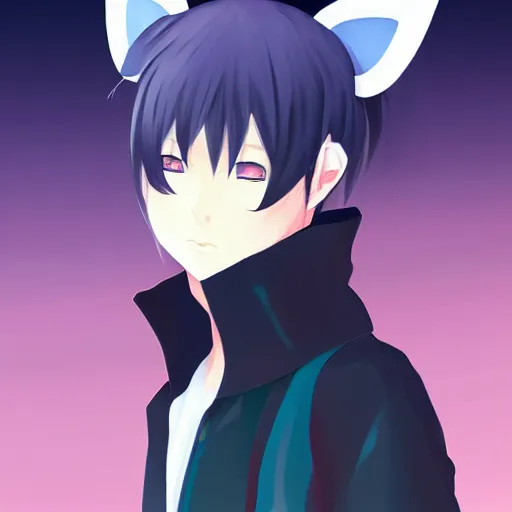 Prompt: Stunning digital portrait of a young anime man with cat ears