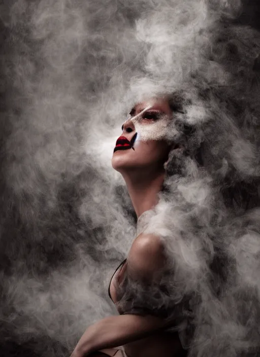 Prompt: a Photorealistic dramatic hyper realistic render of a glamorous Mexican Nahual smoke by Ken Brower and Deborah Ory, Lois Greenfield, Beautiful dynamic dramatic dark moody lighting, volumetric, shadows, cinematic atmosphere, Octane render, 8K