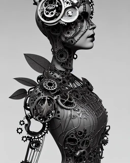 Image similar to monochrome 3 d model, 1 9 4 0 picture, floral metal steampunk biomechanical beautiful young female cyborg with porcelain profile face and a techno eye, volumetric light, leaves foliage and stems, hibiscus flowers, sinuous fine roots, fine foliage lace, alexander mcqueen, rim light, big gothic fashion pearl embroidered collar, octane render, 8 k