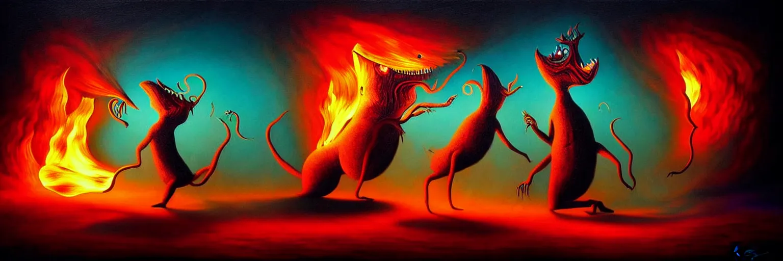 Image similar to whimsical creature freaks from the depths of the collective unconsciouis, dramatic lighting from fire glow, surreal darkly colorful painting by ronny khalil