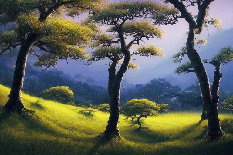 Prompt: masterpiece painting of oak trees on a hillside overlooking a creek, dramatic lighting, by kazuo oga