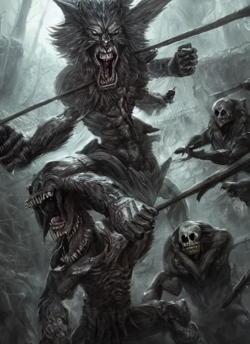 Prompt: a massively muscled werewolf fighting an army of skeletons in an underground tomb, ultra detailed, fantasy, dramatic lighting, trending on artstation, award - winning, artgerm and greg rutkowski, 8 k