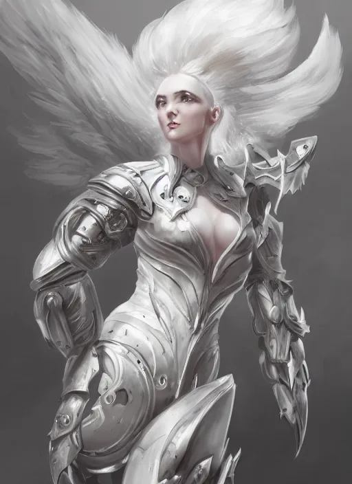 Prompt: a highly detailed illustration of white haired pale lady wearing dieselpunk armor dress with iron wings and blindfold, dramatic floating pose, intricate, elegant, highly detailed, centered, digital painting, artstation, concept art, smooth, sharp focus, league of legends concept art, wlop