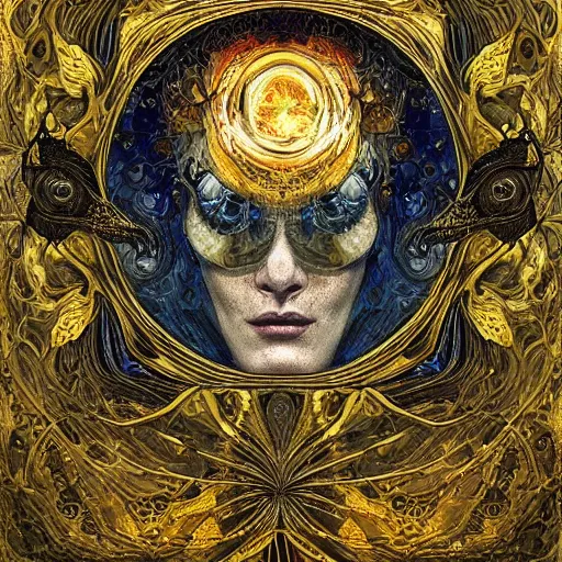 Image similar to Memento Mori by Karol Bak, Jean Deville, Gustav Klimt, and Vincent Van Gogh, beautiful visionary mystical portrait, otherworldly, fractal structures, ornate gilded medieval icon, third eye, spirals, botanical calavera by William Morris