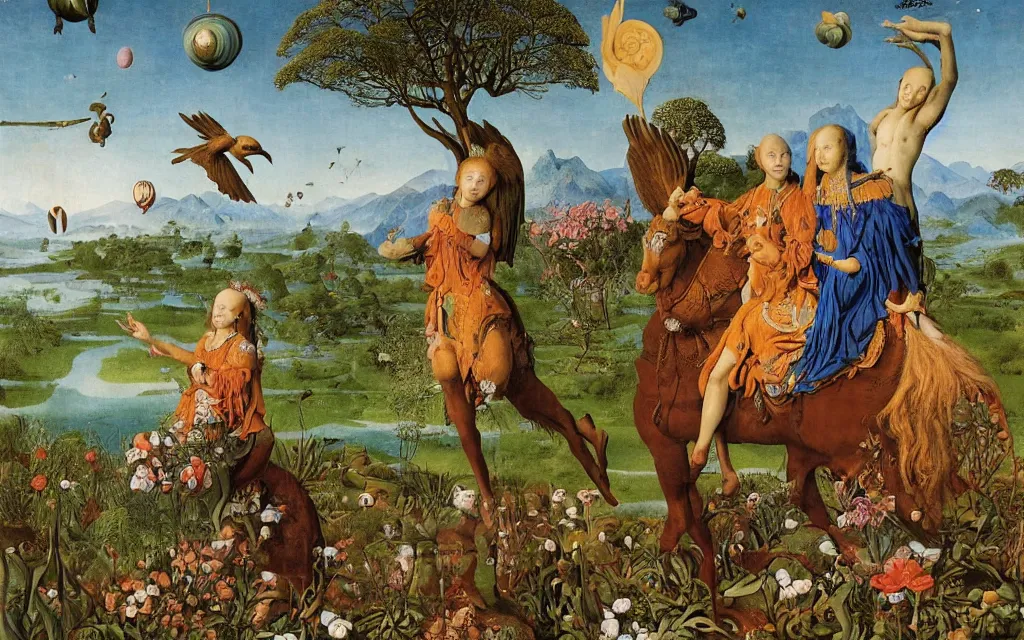 Image similar to a portrait photograph of a meditating harpy and a centaur king riding eagles and hugging animals at a river delta. surrounded by bulbous flowers, animals and trees. mountains range under a blue sky of burning stars. painted by jan van eyck, max ernst, ernst haeckel and ernst fuchs, cgsociety, artstation, fashion editorial, 8 k