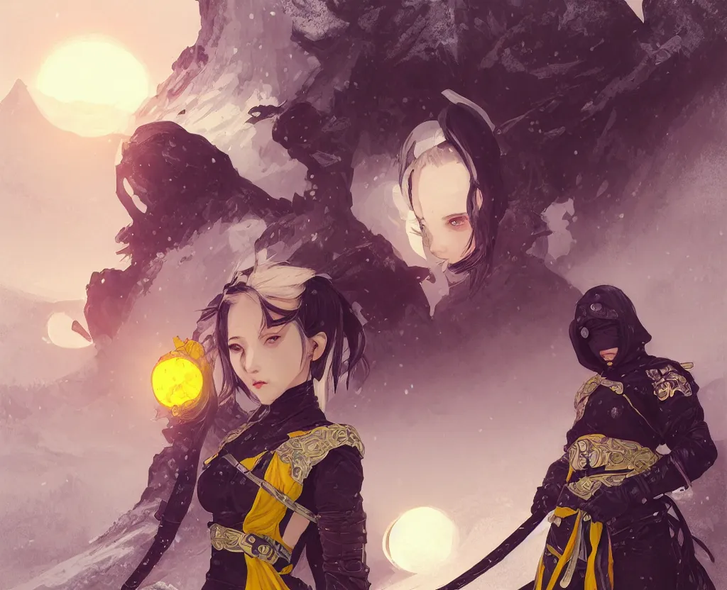 Prompt: portrait ninja gaiden girl, black plus little yellow ninja wardrobe, at snowy fuji mountain sunrise, ssci - fi and fantasy, intricate and very very beautiful, detailed, digital painting, artstation, concept art, smooth and sharp focus, illustration, art by tian zi and wlop and alphonse mucha
