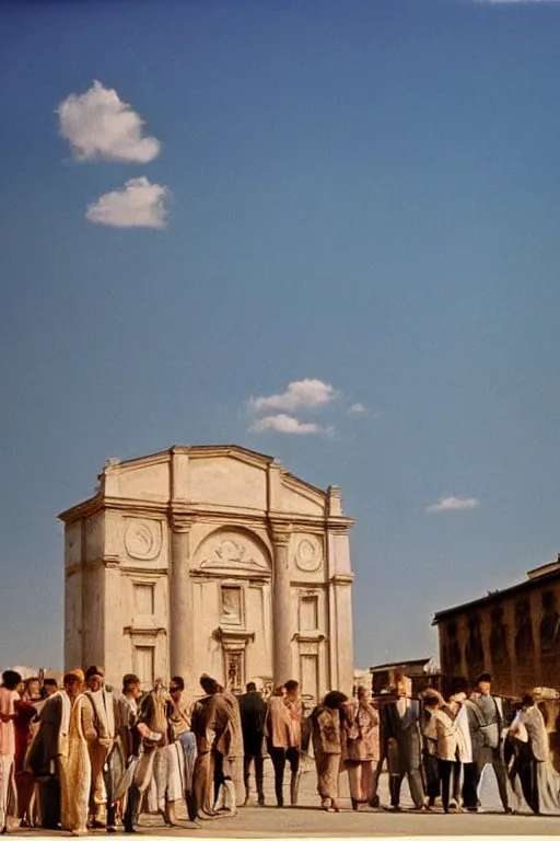 Prompt: a scene of a la giornata ( 1 9 6 6 ) a movie of antonioni starring mastroianni!!!! in the style of the ( ( ( scrovegni chapel by giotto ) ) ). incredibly blue sky. blue sky everywhere. technicolor, grandiose, cinematic, 5 0 mm, highly detailed, romantic