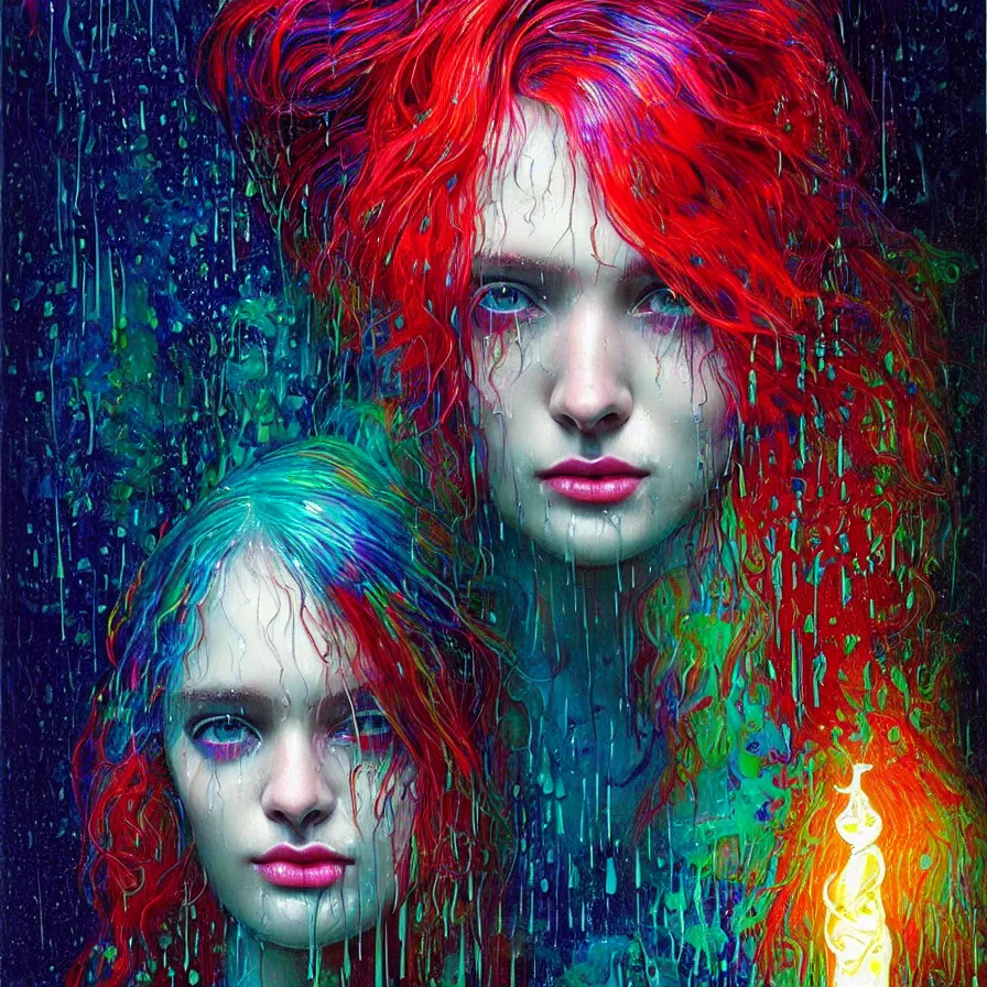 Image similar to bright asthetic portrait of LSD in rain with wet hair and face, liquid, fantasy, intricate, elegant, dramatic lighting, highly detailed, lifelike, photorealistic, digital painting, artstation, illustration, concept art, smooth, sharp focus, art by John Collier and Albert Aublet and Krenz Cushart and Artem Demura and Alphonse Mucha