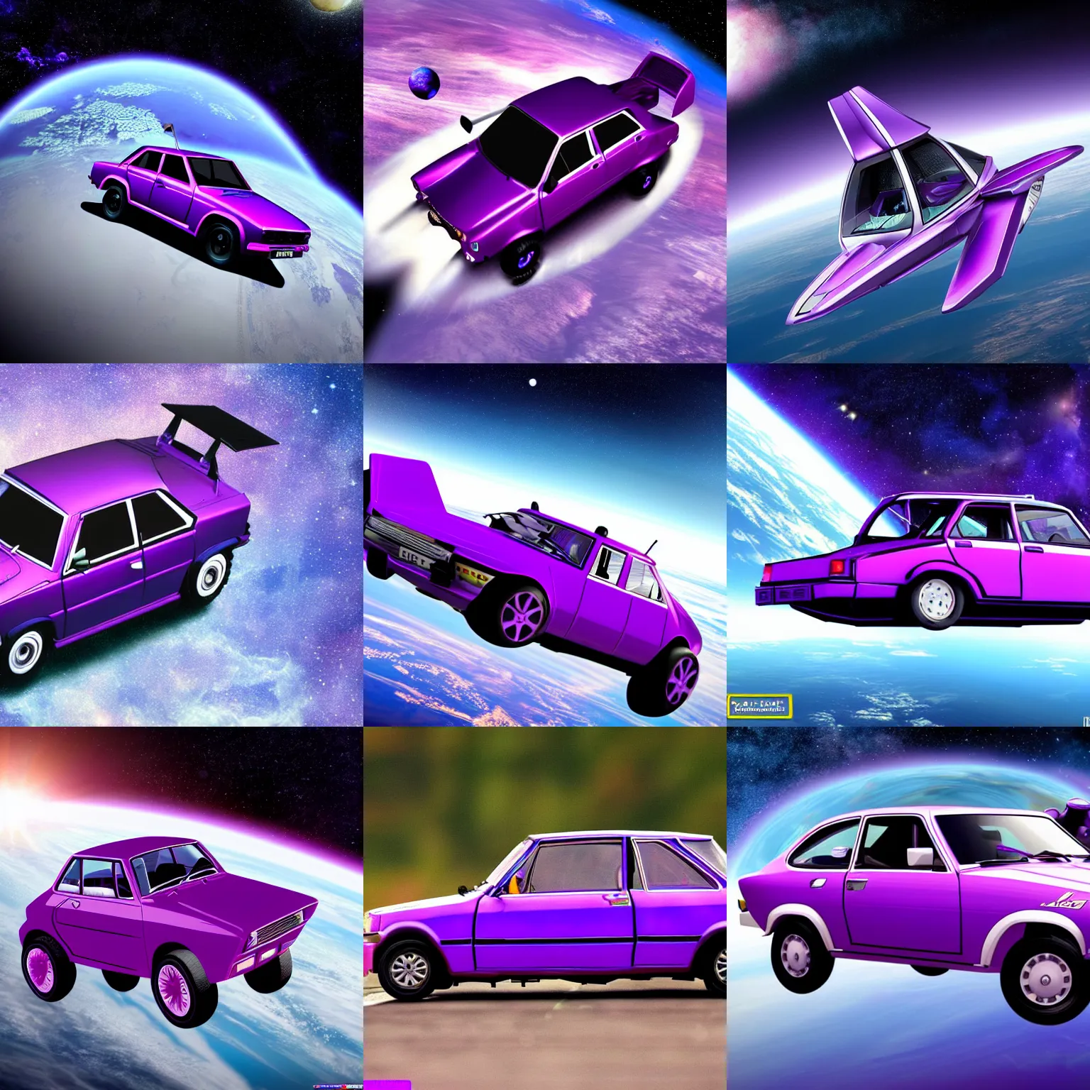 Image similar to purple lada 2 1 0 9 in space in orbit of the planet earth, lada 2 1 0 9 looks like a spaceship, hyper detailed, hight detailed, futuristic, ultra realistic, no blur, 8 k